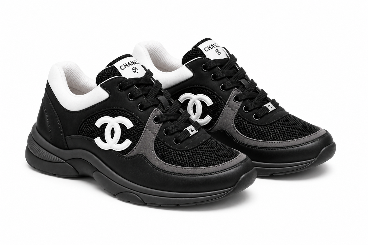 Chanel CC Logo Sneakers — Black / White / Grey — Mesh & Suede